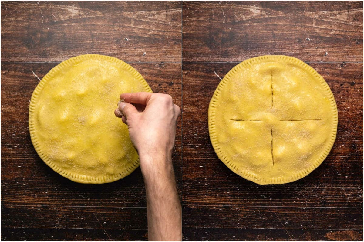 Two photo collage showing sprinkling the pie with sugar and cutting slits into the top.