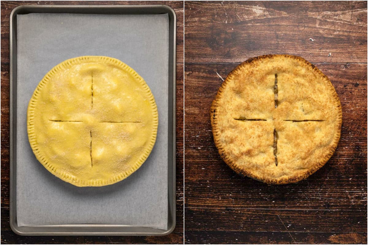 Two photo collage showing vegan apple pie before and after baking.