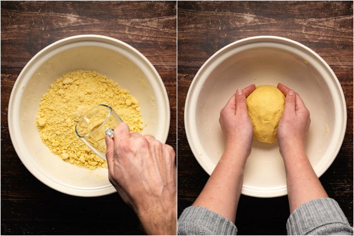 Two photo collage showing iced water added to mixing bowl and mixed into a ball of dough.