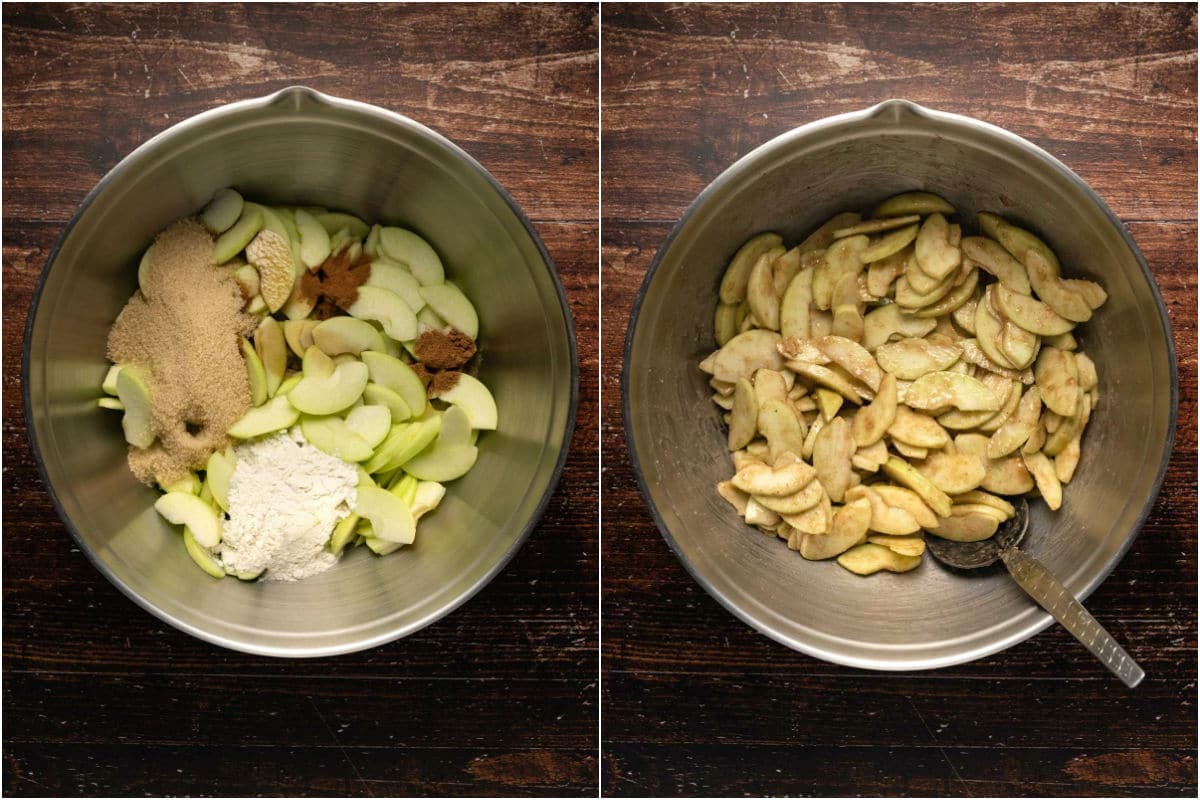 Two photo collage showing apple slices, flour, sugar and spices added to bowl and mixed together.