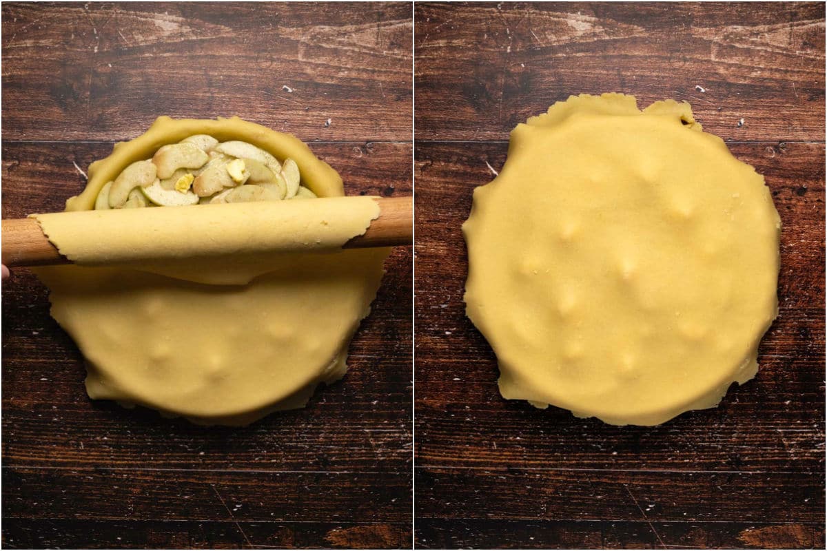 Two photo collage showing pie crust rolled up in a rolling pin and then unrolled over the top of the pie.