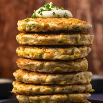 Vegan corn fritters in a stack