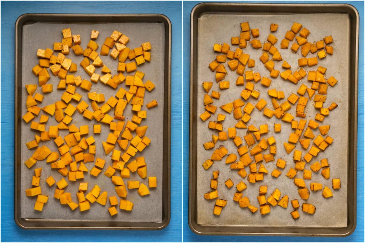 Butternut squash on a parchment lined baking sheet before and after baking.