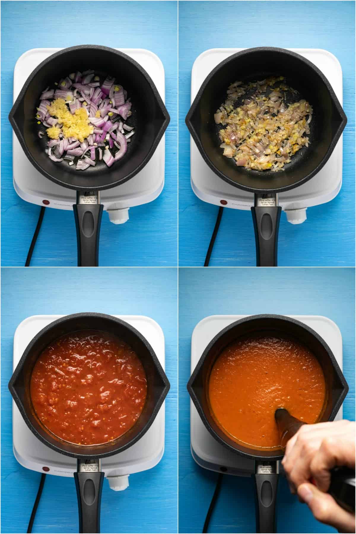 Step by step process photo collage of making enchilada sauce. 