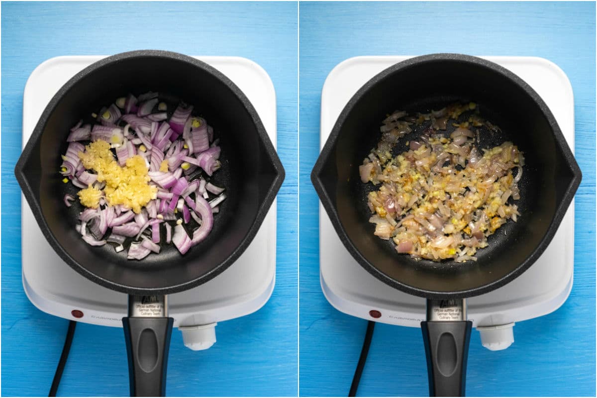 Two photo collage showing red onion, garlic and olive oil added to pot and sautéed.