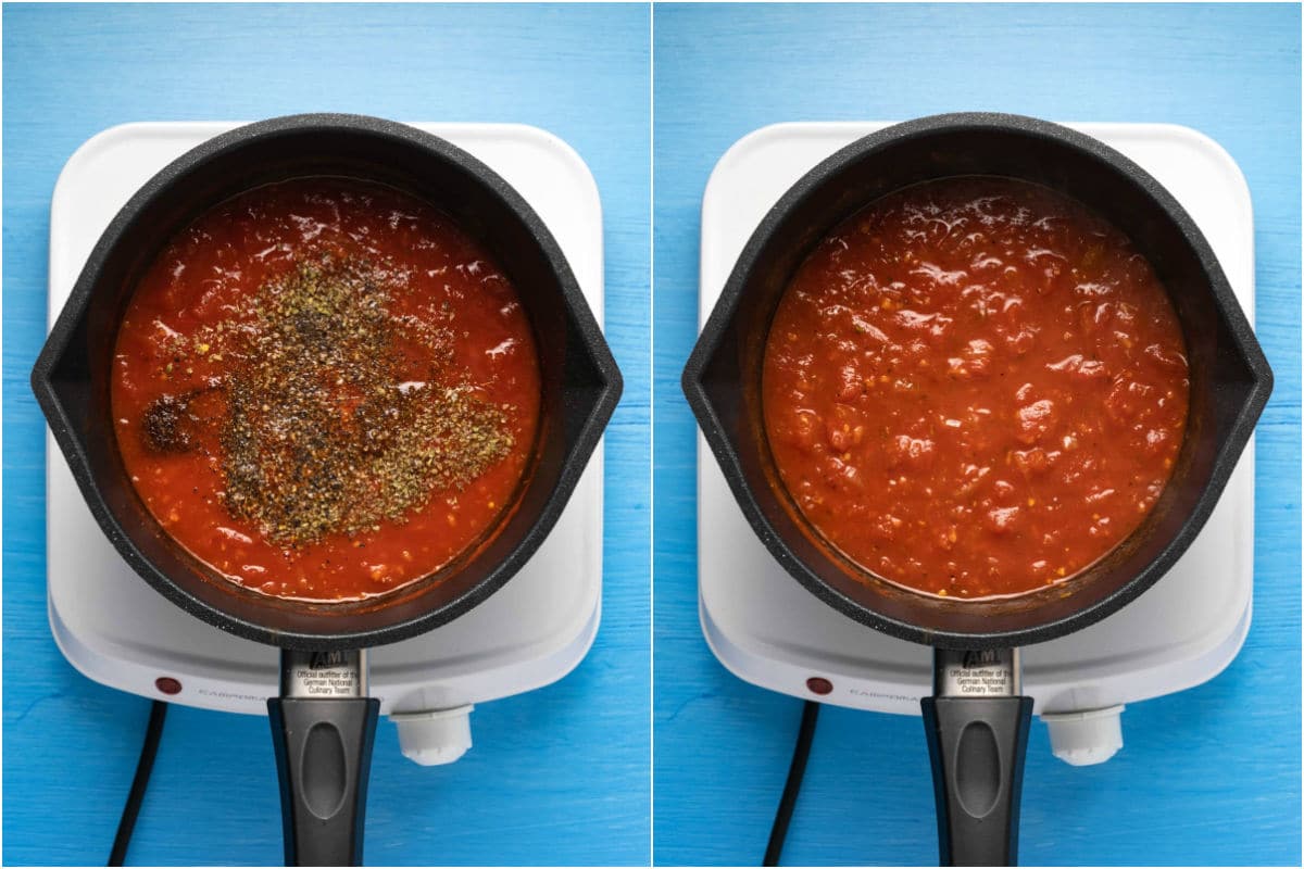 Two photo collage showing chopped tomato, coconut sugar, oregano, cayenne pepper added to pot and mixed in.