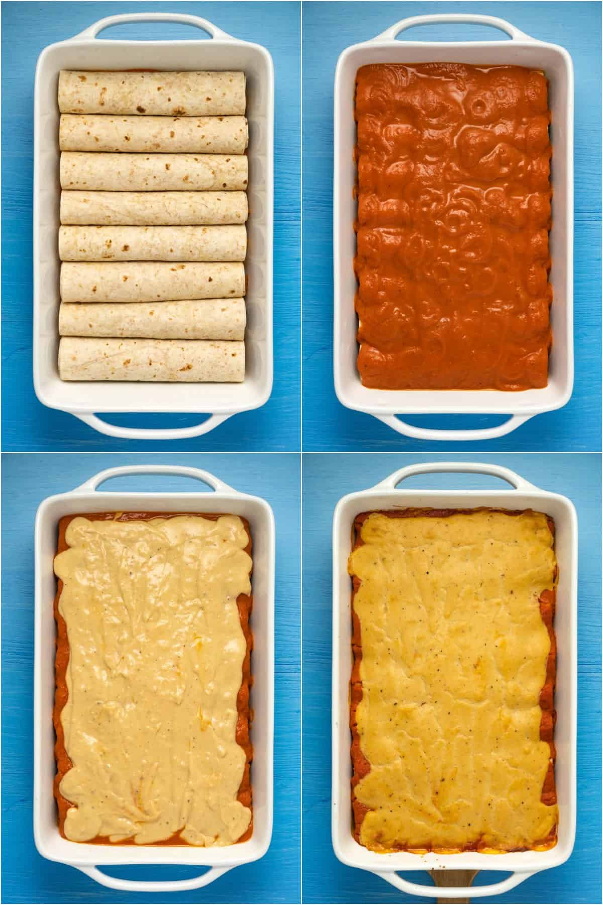 Step by step process photo collage of making vegan enchiladas.