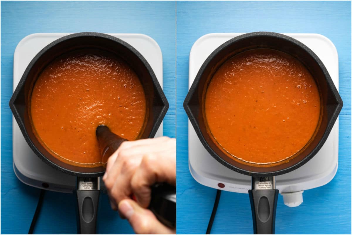 Two photo collage showing immersion blender blending tomato sauce in the pot.