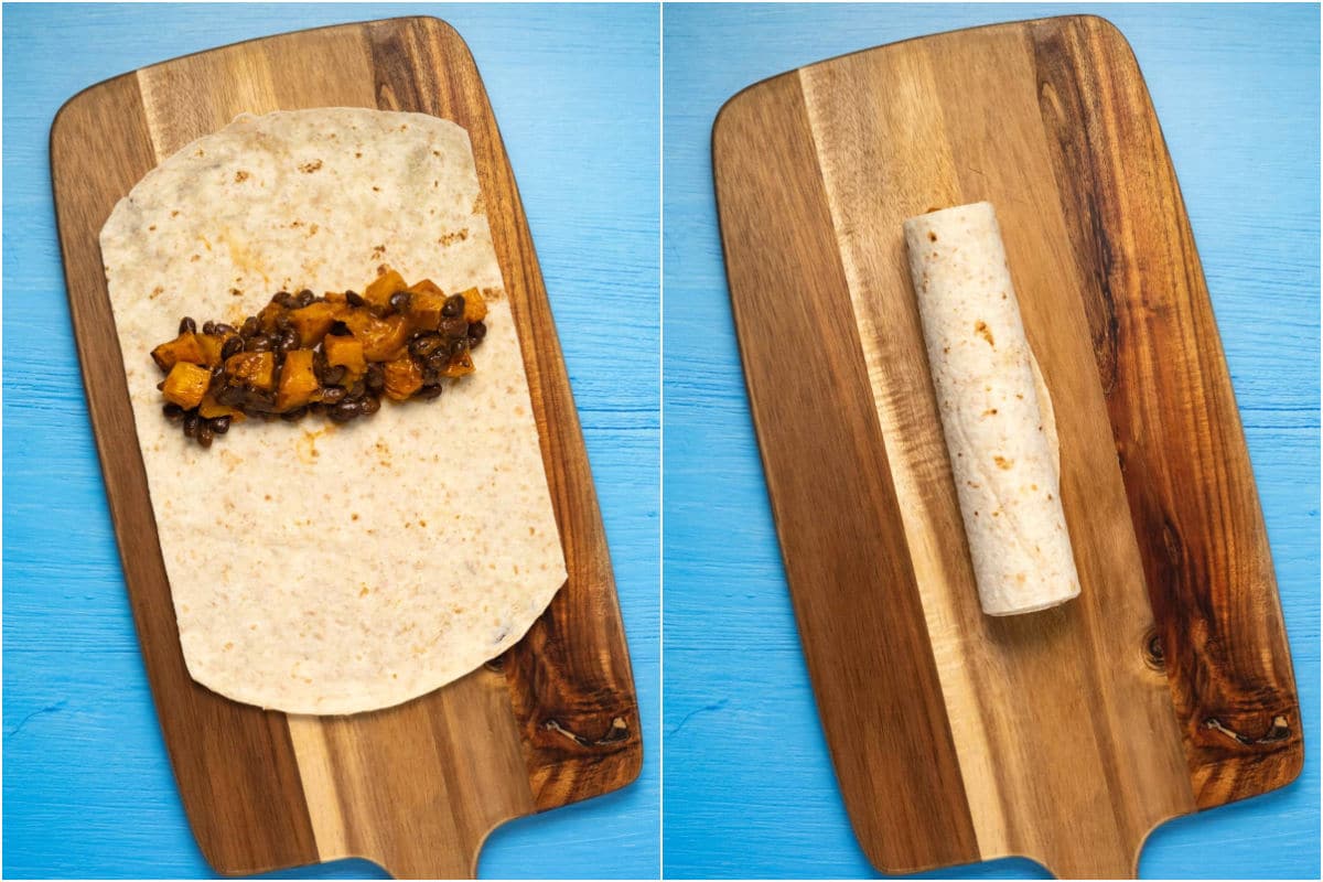 Two photo collage showing filling added to tortilla and rolled up.