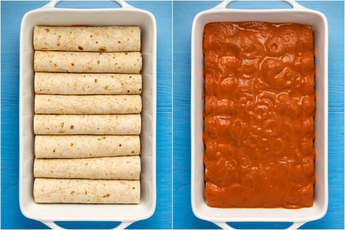 Two photo collage showing rolled tortillas in a white baking dish and then topped with tomato sauce.