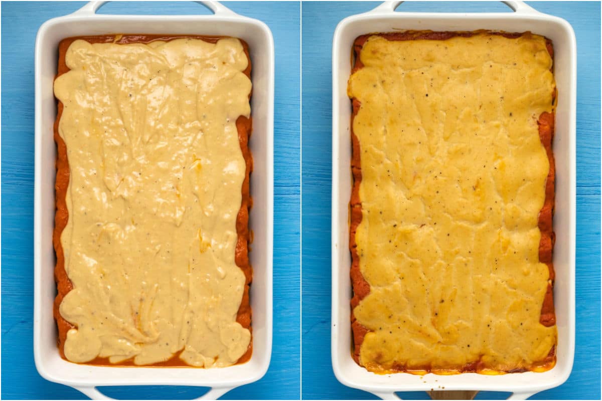 Two photo collage showing enchiladas topped with cheese sauce and then baked.