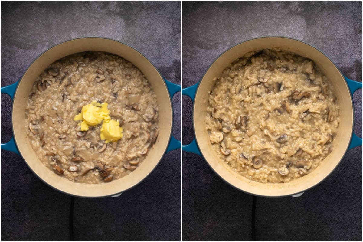 Two photo collage showing vegan butter added to pot and mixed in.