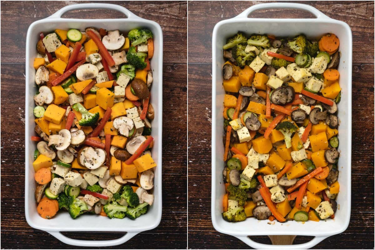 Vegetables and tofu in a white baking dish before and after baking.