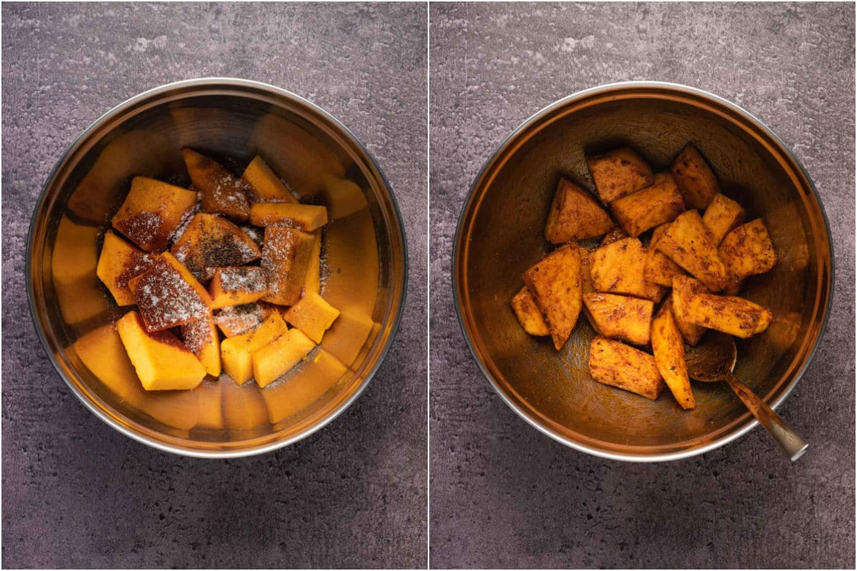 Pumpkin added to a mixing bowl with olive oil and spices and tossed. 