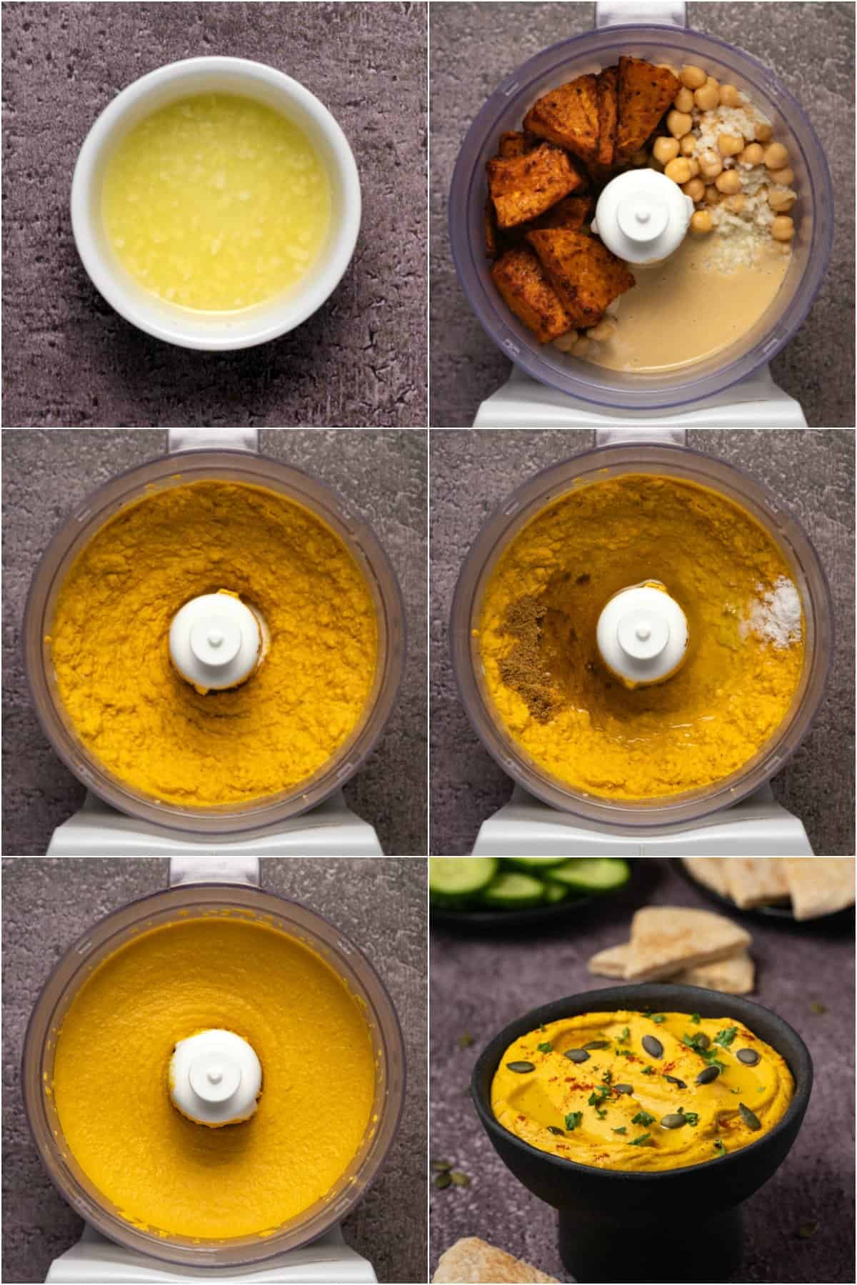 Step by step process photo collage of making pumpkin hummus. 