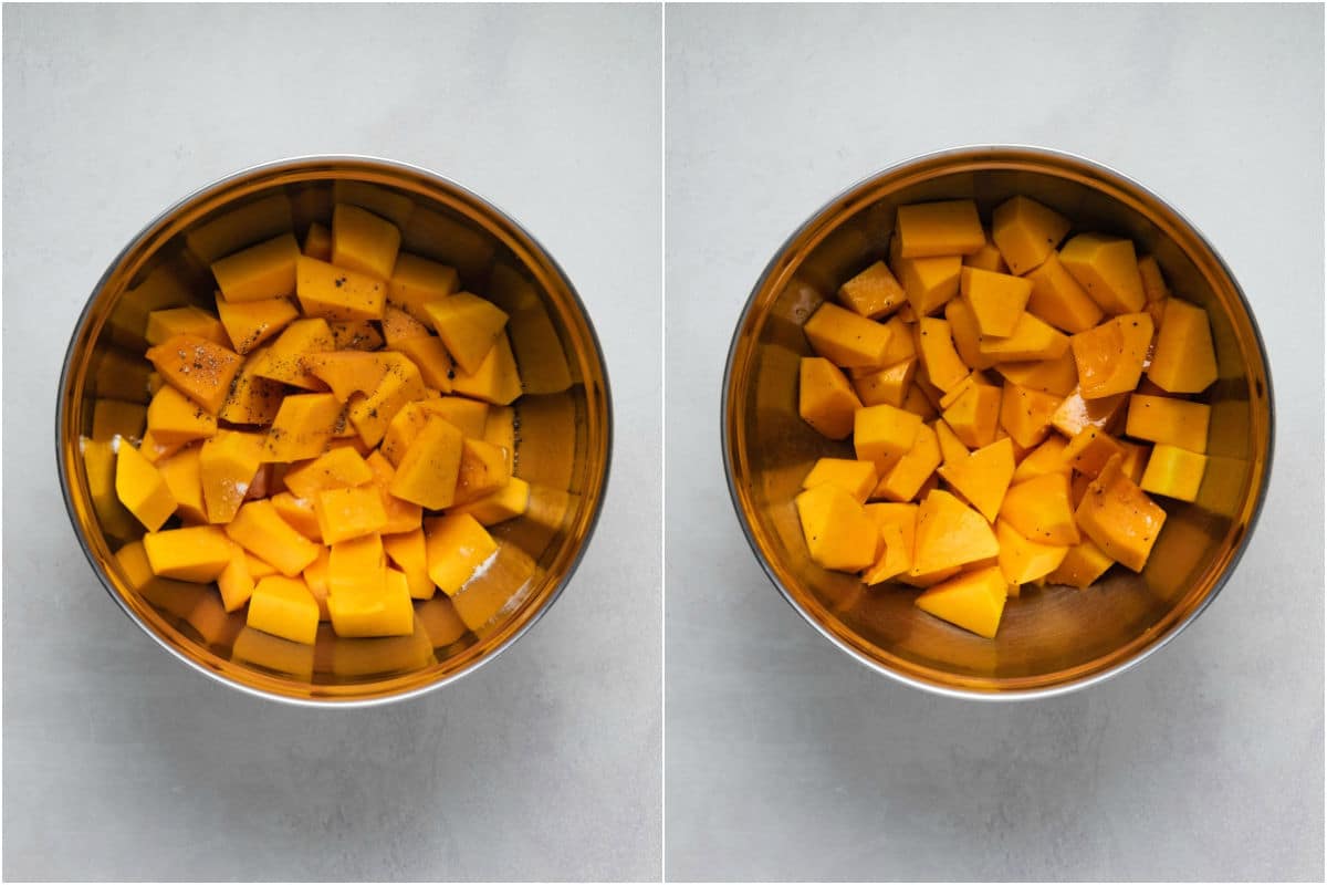 Two photo collage showing butternut squash added to bowl with olive oil, salt and pepper and tossed until lightly coated. 