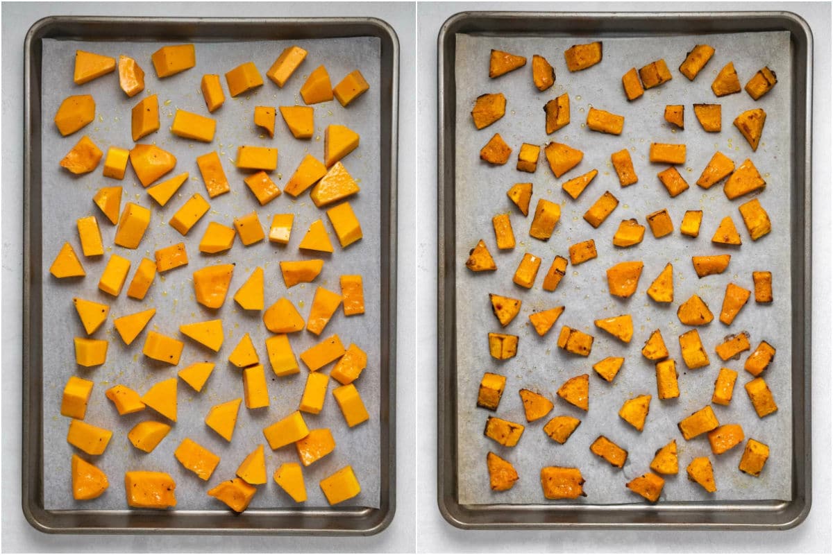 Two photo collage showing butternut squash on baking tray before and after baking.