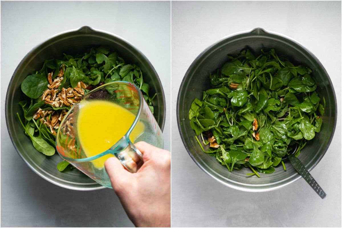 Two photo collage showing salad dressing added to salad in mixing bowl and tossed.