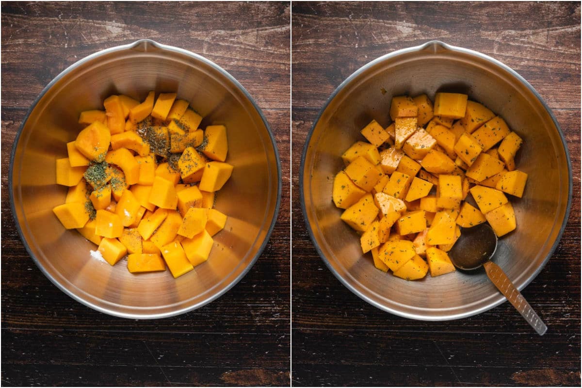 Collage of two photos showing peeled and chopped butternut squash added to a bowl with spices and olive oil and tossed. 