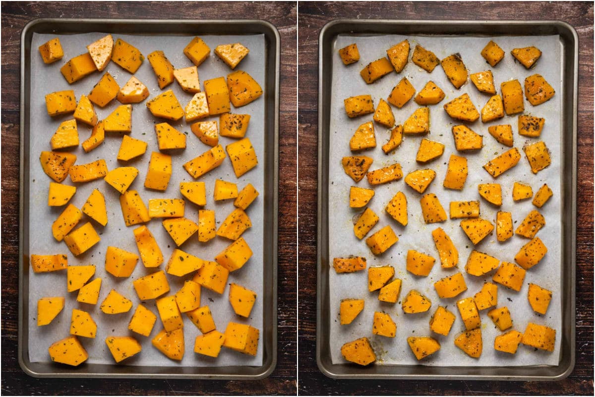 Collage of two photos showing butternut squash on a baking tray before and after roasting.