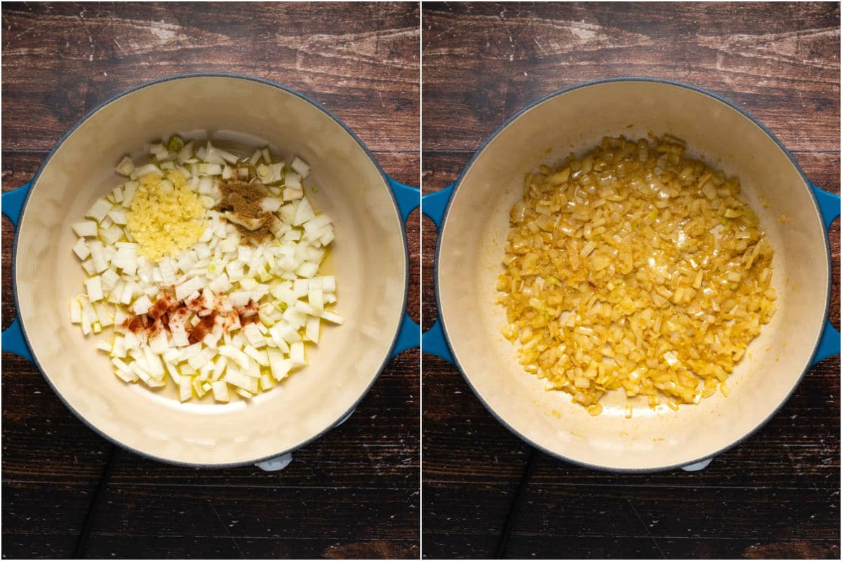 Two photo collage showing onions and spices added to pot and sautéed.