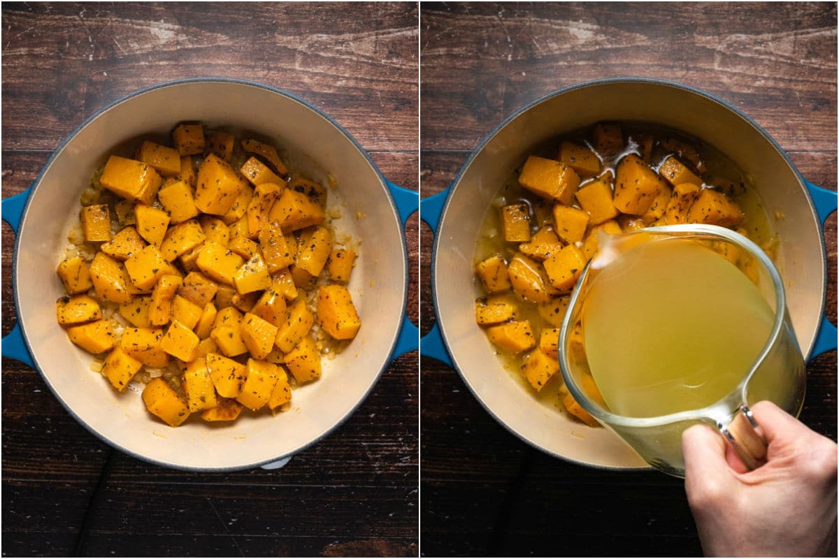 Two photo collage showing roasted butternut squash added to pot and then vegetable stock poured in.
