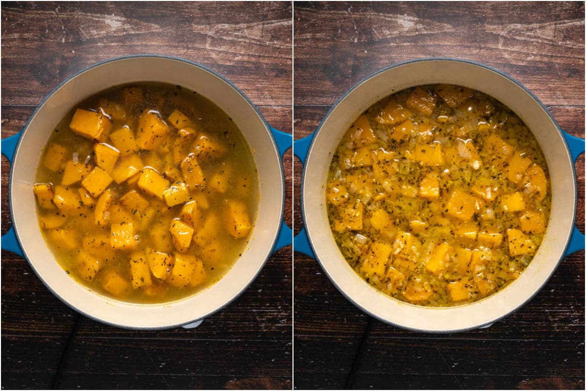 Two photo collage showing butternut squash soup in the pot and then after simmering for 15 minutes.