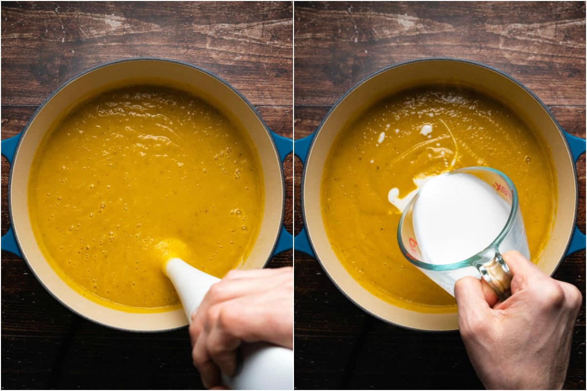 Two photo collage showing immersion blending the soup in the pot and then adding in coconut milk.