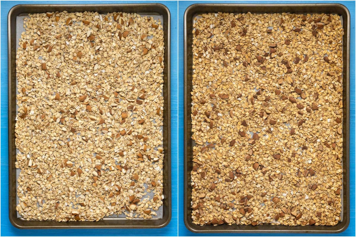 Rolled oats and chopped almonds placed on a baking sheet and toasted in the oven. 