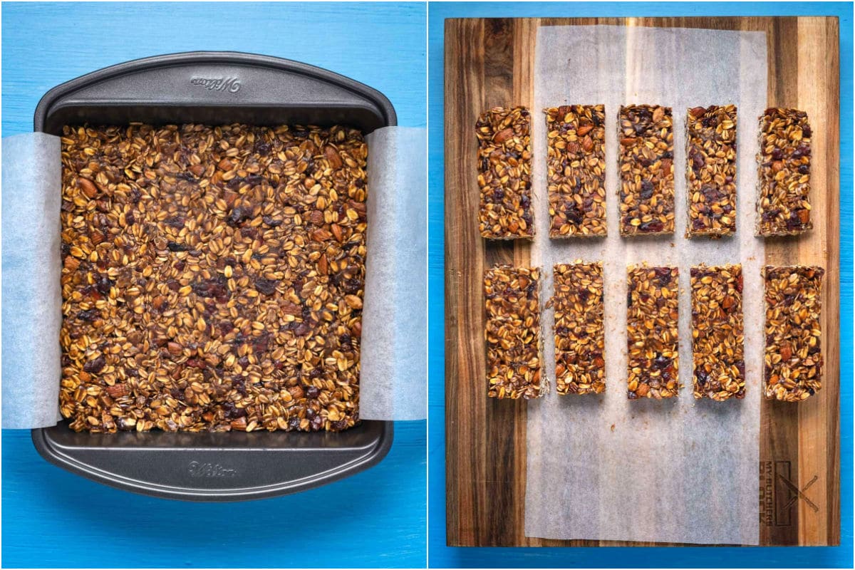 Vegan granola bars in an 8-inch square dish and then cut into squares.