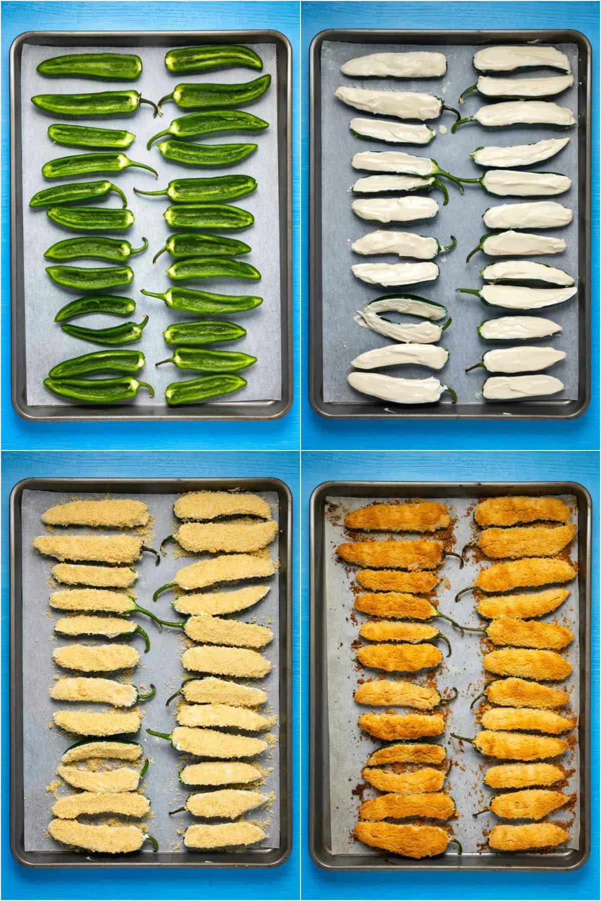 Step by step process photo collage of making baked jalapeño poppers.