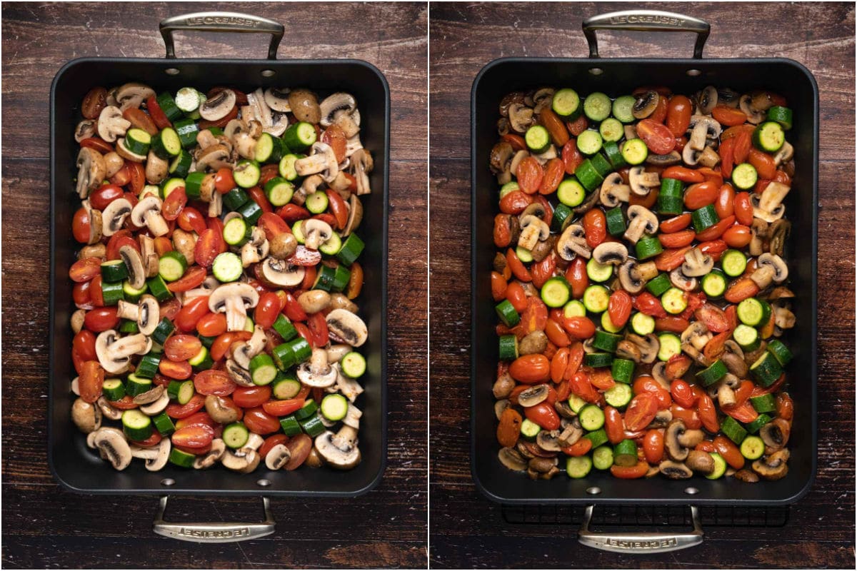 Fresh chopped veggies in a roasting dish before and after baking.
