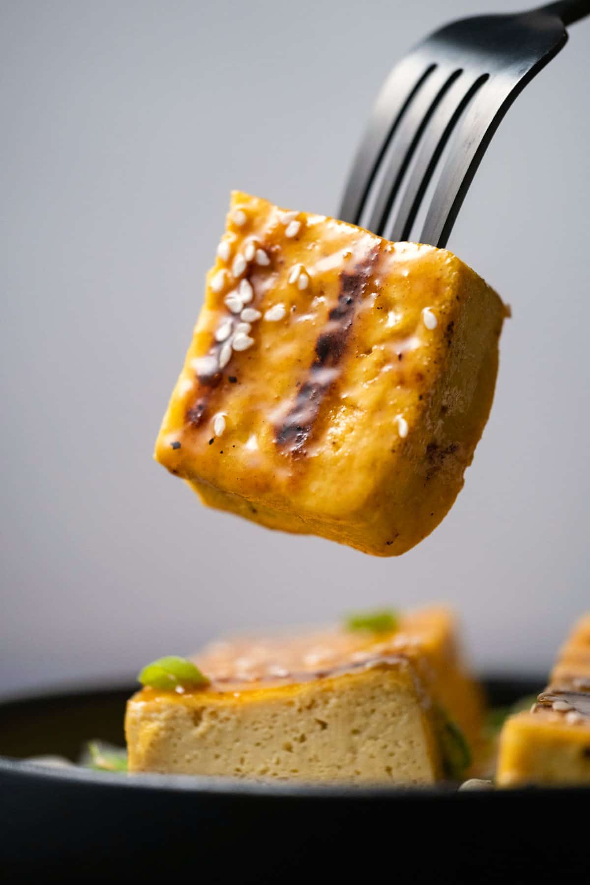 Piece of grilled tofu on a fork. 