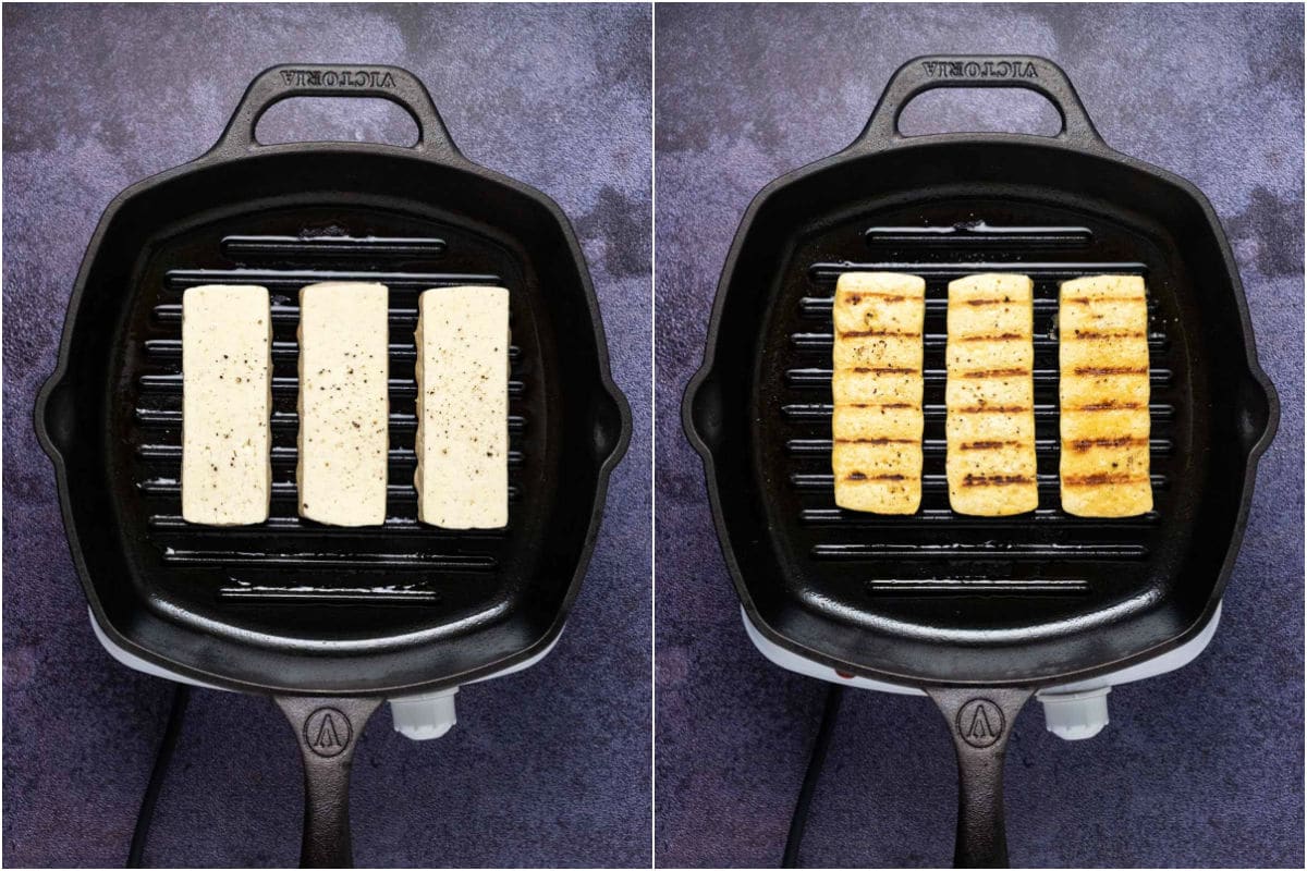 Adding tofu strips to grill pan and then flipping.