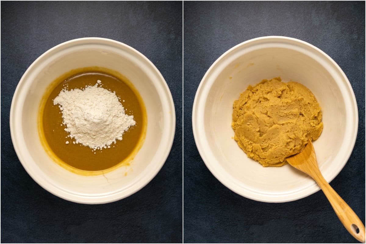Dry ingredients added to wet and mixed into a blondie batter.