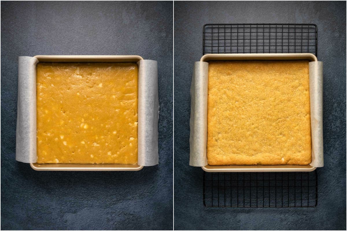 Blondies in a 9-inch square dish before and after baking.