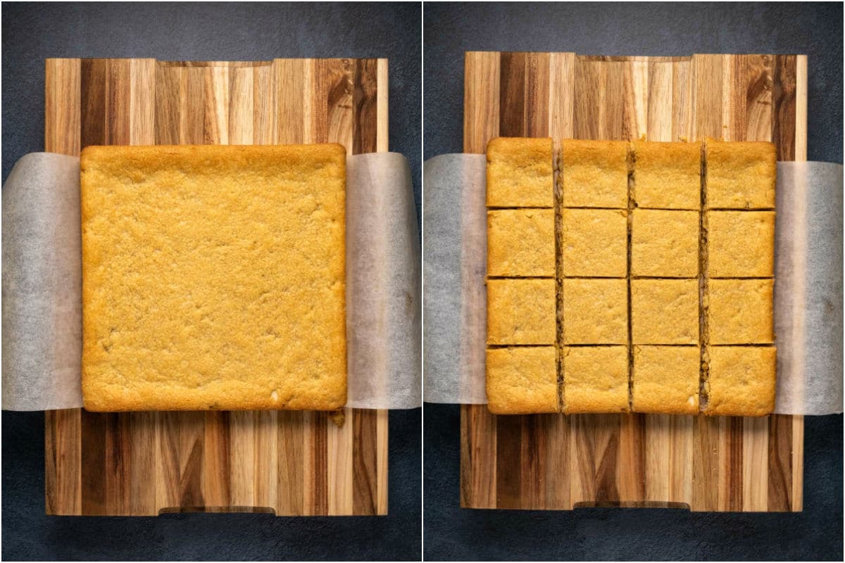Blondies removed from dish and cut into squares.
