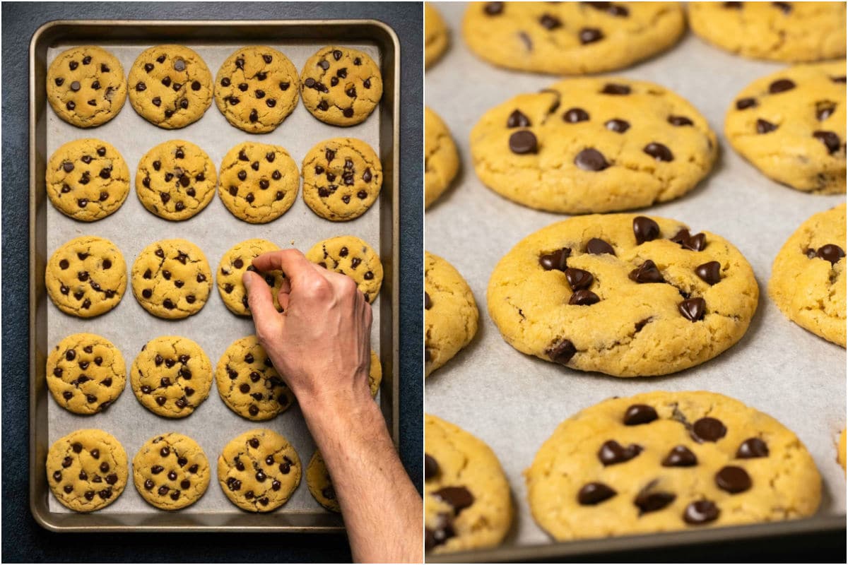 Collage of two photos showing extra chocolate chips being pressed into the warm cookies on the baking tray. 