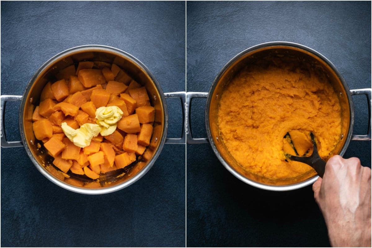 Two photo collage showing sweet potatoes in a pot with butter and then mashed.