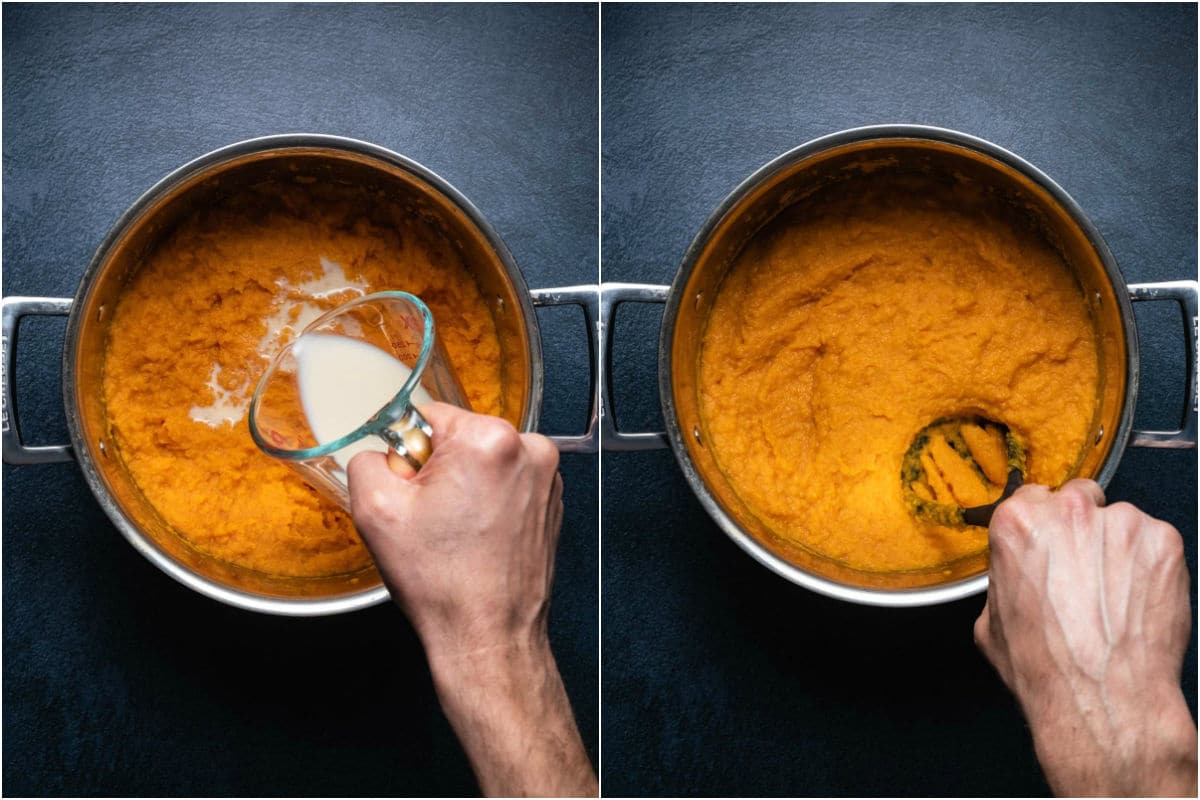 Two photo collage showing non dairy milk added to sweet potatoes and mashed in.