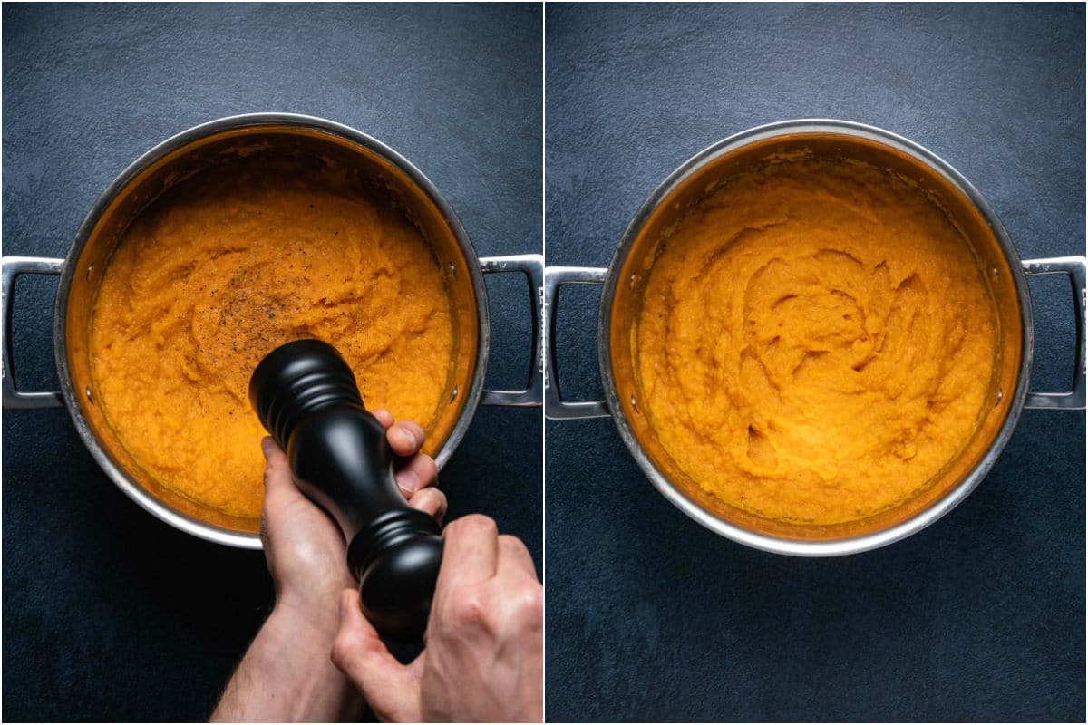 Two photo collage showing salt and pepper added to mashed sweet potatoes and mashed in.
