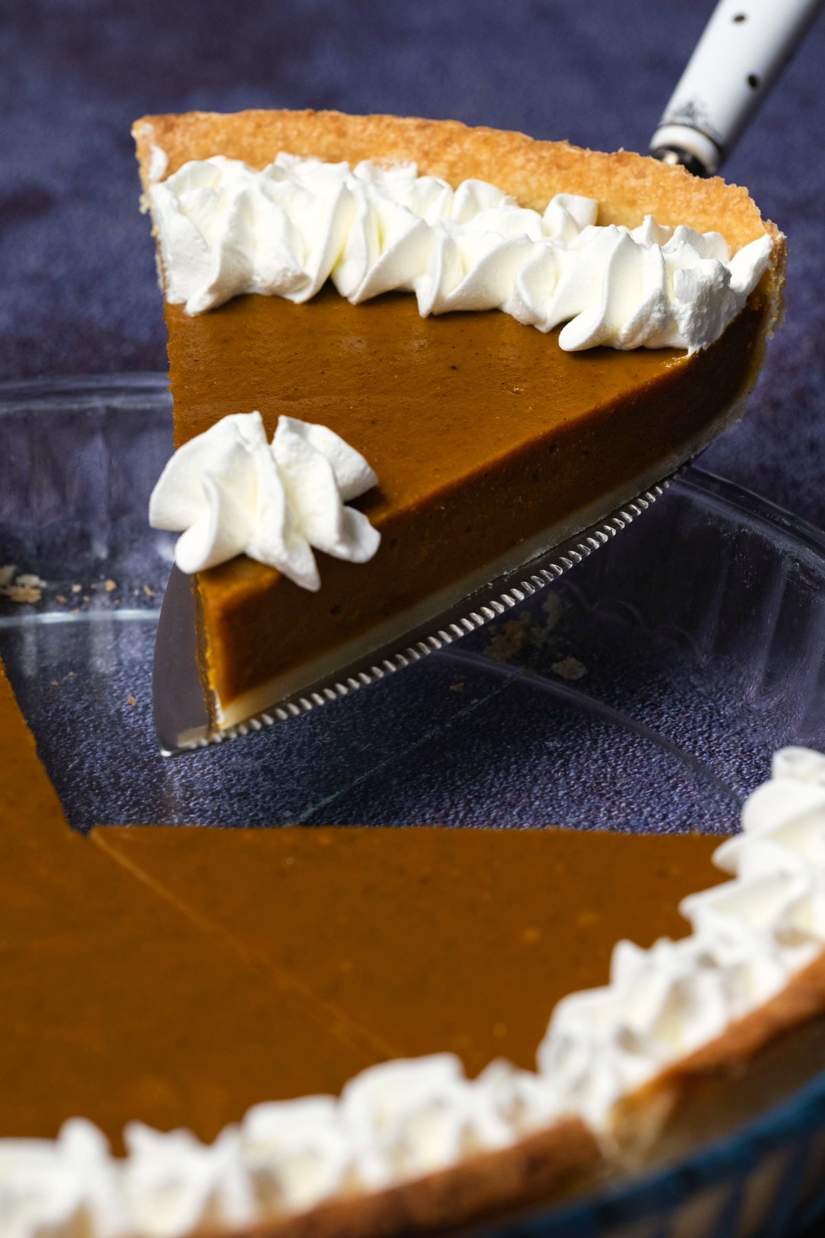 A slice of pie topped with whipped cream on a pie lifter. 