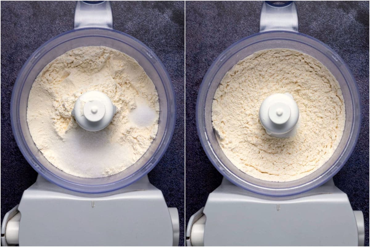 Two photo collage showing flour, sugar and salt added to food processor and pulsed to combine. 