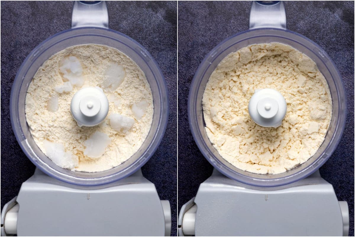 Two photo collage showing coconut oil added to food processor and pulsed until crumbly.
