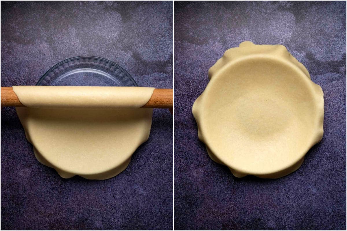 Two photo collage showing large circle of dough placed over pie dish.