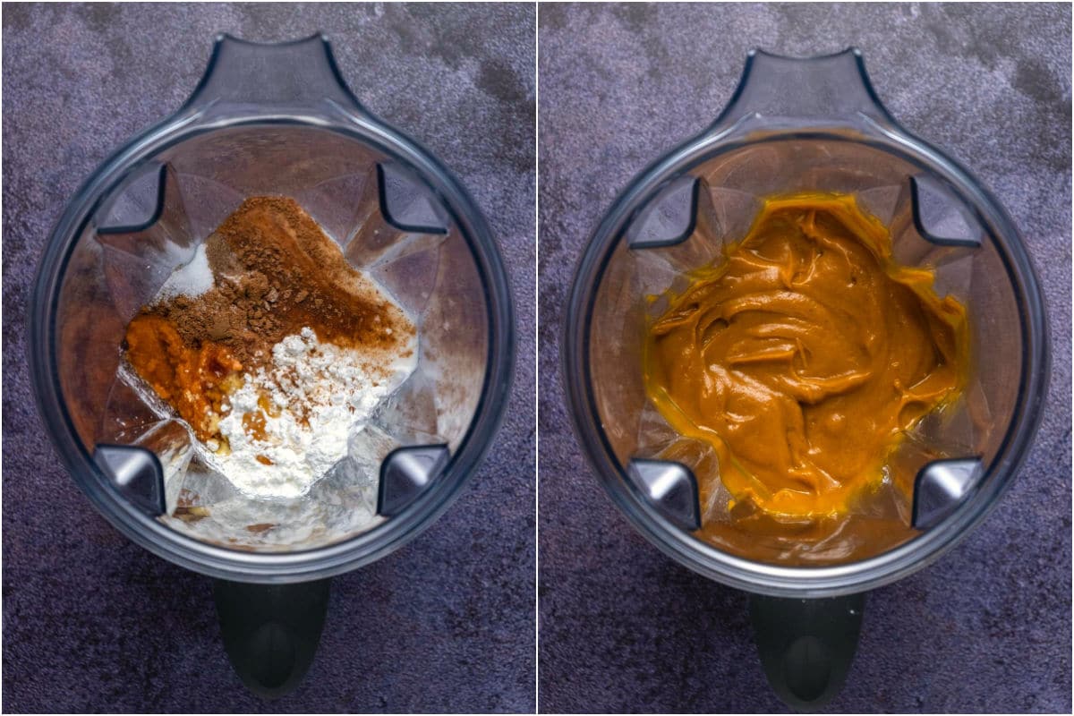 Two photo collage showing ingredients for filling added to blender jug and blended.