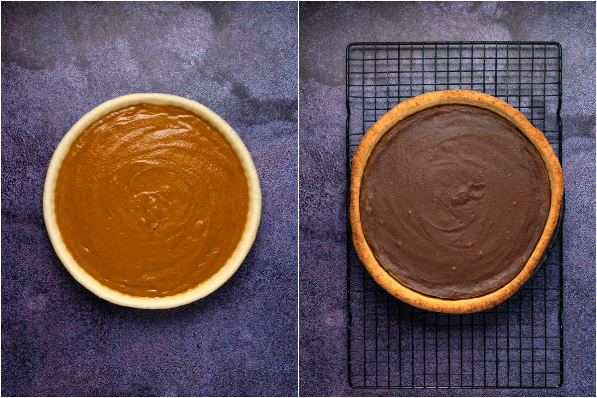 Two photo collage showing pumpkin pie before and after baking.