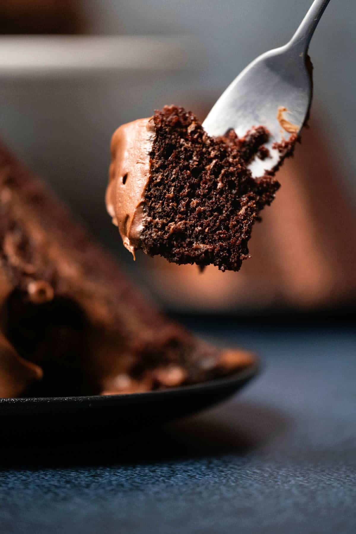 Forkful of chocolate cake and frosting. 