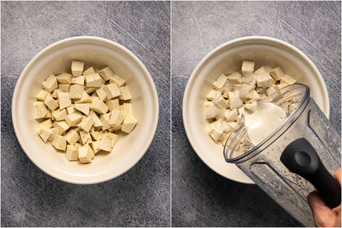 Tofu cubes in a mixing bowl, blended sauce poured over the top.