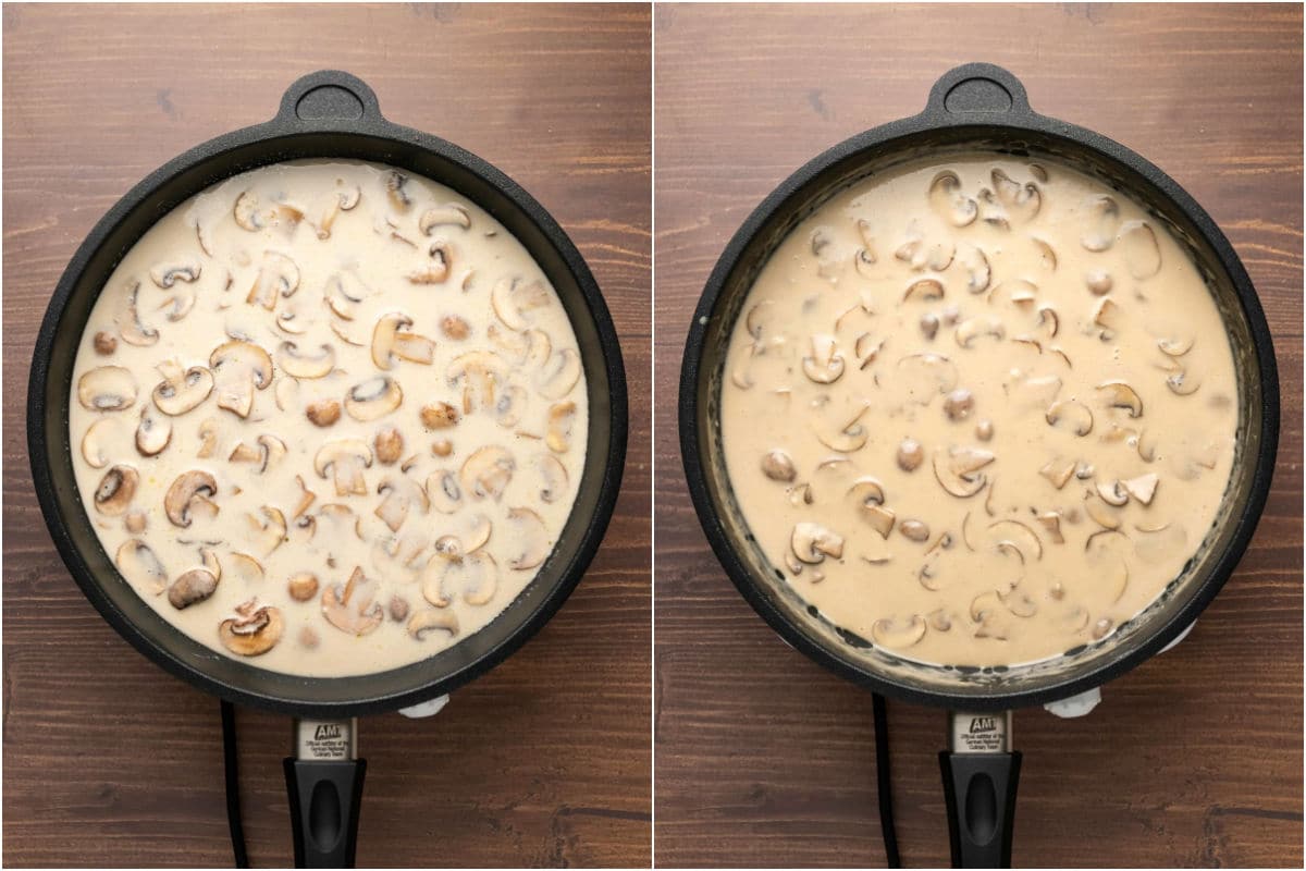 Two photo collage showing coconut milk added to mushrooms and simmered.